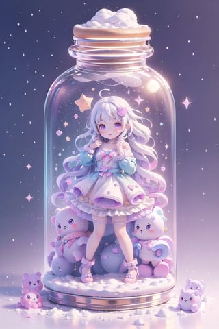 ((magical girl, rainbow, white hair, doll dress, short dress, long hair, purple eyes, small breasts, pale skin, soft skin, colorful snow background, rainbow, hearts, snow, snowing, ice, pastel, sun, clouds, sparkles, twinkle, crystals, stars)) (((white hair))),( fluffy, soft, light, bright, slightly downcast eyes, cute, pink, purple,  candy, sweets) (masterpiece, best quality:1.2), (on toy figure stand), glass bottle,  jar, gib\(concept\),bottle,kawaiitech