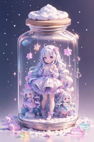 ((magical girl, rainbow, white hair, doll dress, short dress, long hair, purple eyes, small breasts, pale skin, soft skin, colorful snow background, rainbow, hearts, snow, snowing, ice, pastel, sun, clouds, sparkles, twinkle, crystals, stars)) (((white hair))),( fluffy, soft, light, bright, slightly downcast eyes, cute, pink, purple,  candy, sweets) (masterpiece, best quality:1.2), (on toy figure stand), glass bottle,  jar, gib\(concept\),bottle,kawaiitech