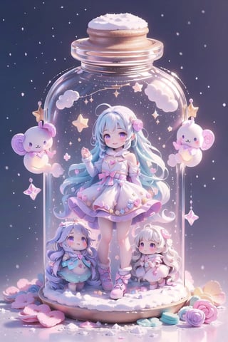 ((magical girl, rainbow, white hair, doll dress, short dress, long hair, purple eyes, small breasts, pale skin, soft skin, colorful snow background, rainbow, hearts, snow, snowing, ice, pastel, sun, clouds, sparkles, twinkle, crystals, stars)),( fluffy, soft, light, bright, slightly downcast eyes, cute, pink, purple,  candy, sweets) (masterpiece, best quality:1.2), (on toy figure stand), glass bottle,  jar, gib\(concept\),bottle,kawaiitech