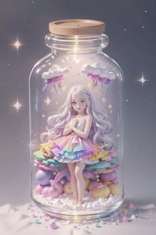 ((magical girl, rainbow, white hair, doll dress, short dress, long hair, purple eyes, small breasts, pale skin, soft skin, colorful snow background, rainbow, hearts, snow, snowing, ice, pastel, sun, clouds, sparkles, twinkle, crystals, stars)),( fluffy, soft, light, bright, slightly downcast eyes, cute, pink, purple,  candy, sweets) (masterpiece, best quality:1.2), (on toy figure stand), glass bottle,  jar, gib\(concept\),bottle,kawaiitech