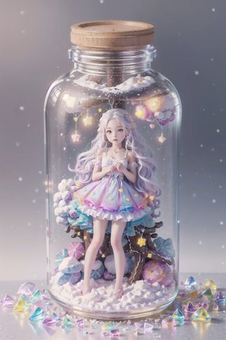 ((magical girl, rainbow, white hair, doll dress, short dress, long hair, purple eyes, small breasts, pale skin, soft skin, colorful snow background, rainbow, hearts, snow, snowing, ice, pastel, sun)), (masterpiece, best quality:1.2), fluffy, soft, light, bright, sparkles, twinkle, slightly downcast eyes, cute, pink, purple, (crystals), (on toy figure stand), glass bottle,  jar, gib\(concept\),bottle,kawaiitech, clouds, candy, sweets