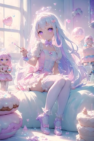 (((1girl, bright white hair, long hair, purple eyes, pale skin, lolita dress, white dress, short dress, white thigh stockings, small breasts, pale skin, soft skin, rainbow, hearts, heart pillows, pastel, crystals, halo, colorful, pink, purple, blue, doll)) 
((lots of dolls))
((sunlight coming through window)) 
((background, cute home))
((light atmosphere))
((dolls in home))
((sitting up, fullbody))
(fluffy, soft, light, bright, sparkles, twinkle, cute, pink, purple, blue, clouds, pastel, light colors, glitter, happy, normal pupil)
best quality, masterpiece, Detailedface, high_res 8K, candyland, full background, candy, sweets, lollipop, chocolate, ice cream, swirl lollipop, strawberry, ice cream, doughnut, cake, cupcake, balloon, chocolate bar, bubble, cream, whipped cream, dessert, pastry, candy wrapper, icing, teacup, confetti,1guy,best quality