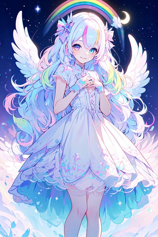 ((1 girl with white hair sparkle pastel rainbow throughout randomly, pastel rainbow eyes, long hair,  wavy hair,  small breasts)), smiling,  happy, short dress, pink, blue, purple, white, cute, cute, fluffy, doll dress, hands in chest, winter, snowing, fullbody, chibi, stars, moon, moonlight, angel wings, halo, stars
