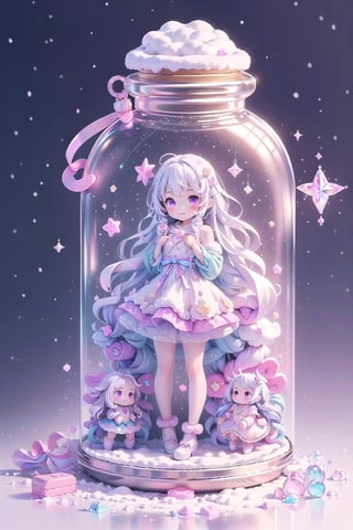 ((magical girl, rainbow, white hair, doll dress, short dress, long hair, purple eyes, small breasts, pale skin, soft skin, colorful snow background, rainbow, hearts, snow, snowing, ice, pastel, sun, clouds, sparkles, twinkle, crystals, stars)) (((white hair))),( fluffy, soft, light, bright, slightly downcast eyes, cute, pink, purple,  candy, sweets) (masterpiece, best quality:1.2), (on toy figure stand), glass bottle,  jar, gib\(concept\),bottle,kawaiitech