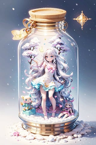 ((magical girl, white hair, rainbow eyes, doll dress, short dress, long hair, small breasts, pale skin, soft skin, colorful snow background, rainbow, hearts, snow, snowing, ice, pastel, sun)), (masterpiece, best quality:1.2), fluffy, soft, light, bright, sparkles, twinkle, slightly downcast eyes, cute, pink, purple, (crystals), (on toy figure stand), glass bottle,  jar, gib\(concept\),bottle,kawaiitech, clouds