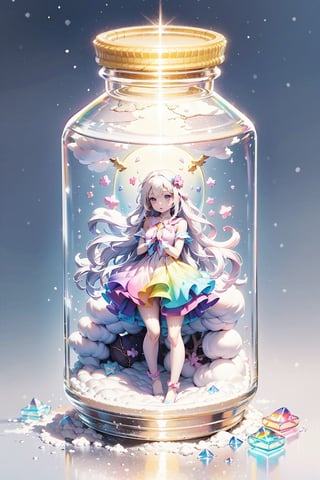 ((magical girl, white hair, rainbow eyes, doll dress, short dress, long hair, small breasts, pale skin, soft skin, colorful snow background, rainbow, hearts, snow, snowing, ice, pastel, sun)), (masterpiece, best quality:1.2), fluffy, soft, light, bright, sparkles, twinkle, slightly downcast eyes, cute, pink, purple, (crystals), (on toy figure stand), glass bottle,  jar, gib\(concept\),bottle,kawaiitech, clouds