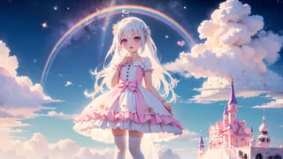 ((((1girl, bright white hair, long hair, purple eyes, pale skin, lolita dress, white dress, short dress, white thigh stockings, small breasts, pale skin, soft skin, rainbow, hearts, pastel, crystals, halo, colorful, doll, pink, purple, blue))))
((1girl standing))
((flat ground, ground with white water, ground with glowing pastel rainbow color running through water))
((sky with clouds, sphere of magical white energy in the top of the sky, pastel rainbow sparkles on the edge of sphere of magical white energy, magical ribbons of pastel rainbow colors sirwling into sphere of magical white energy in top the sky))
((lots of dolls everywhere))
((light atmosphere))
(fluffy, soft, light, bright, sparkles, twinkle, cute, pink, purple, blue, clouds, pastel, light colors, glitter, happy, normal pupil)
best quality, masterpiece, Detailedface, high_res 8K, candyland, full background, candy, sweets, lollipop, chocolate, ice cream, swirl lollipop, strawberry, ice cream, doughnut, cake, cupcake, balloon, chocolate bar, bubble, cream, whipped cream, dessert, pastry, candy wrapper, icing, teacup, confetti, cotton candy, Cute girl,score_9_up,best quality