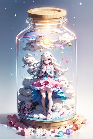 ((magical girl, white hair, rainbow eyes, doll dress, short dress, long hair, small breasts, pale skin, soft skin, colorful snow background, rainbow, hearts, snow, snowing, ice, pastel, sun)), (masterpiece, best quality:1.2), fluffy, soft, light, bright, sparkles, twinkle, slightly downcast eyes, cute, pink, purple, (crystals), (on toy figure stand), glass bottle,  jar, gib\(concept\),bottle,kawaiitech, clouds