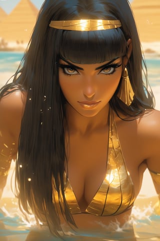 Sexy beautifull woman , blunt bangs, black hair, egyptian queen, gold bikini, loincloth, solo, navel, partially submerged, oasis