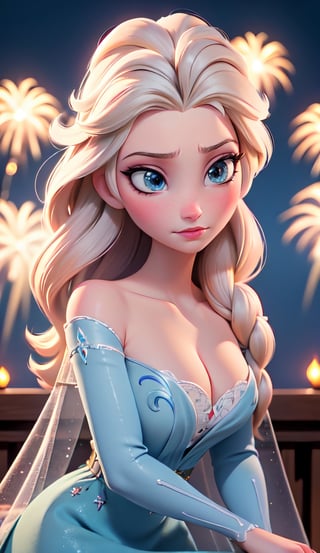 close up of face, Elsa from Frozen, (best quality, masterpiece, ultra detailed, highres, RAW image), perfect facial features, pale skin, blushing, blonde, long tousled hair, perfect eyes, perfect proportions, prestigeous, delicate, romantic, Elizabethan woman, black dress, cleavage, romanticism, hirao style, fireworks, firework, night, realistic.