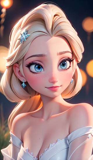 close up of face, Elsa from Frozen, (best quality, masterpiece, ultra detailed, highres, RAW image), perfect facial features, pale skin, blushing, blonde, long tousled hair, perfect eyes, perfect proportions, prestigeous, delicate, romantic, Elizabethan woman, black dress, cleavage, smiling, romanticism, hirao style, fireworks, firework, night, realistic.