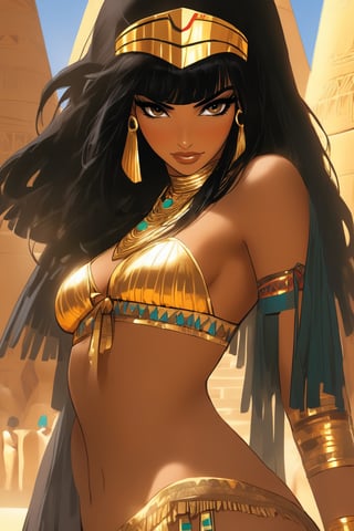 Sexy beautifull woman , blunt bangs, black hair, egyptian queen, gold bikini, loincloth, solo, cowboy_shot