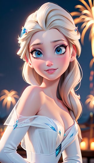 close up of face, Elsa from Frozen, (best quality, masterpiece, ultra detailed, highres, RAW image), perfect facial features, pale skin, blushing, blonde, long tousled hair, perfect eyes, perfect proportions, prestigeous, delicate, romantic, Elizabethan woman, black dress, cleavage, smiling, romanticism, hirao style, fireworks, firework, night, realistic.