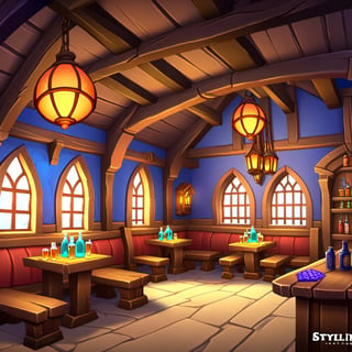 ((Concept Art, Fantasy, World of Warcraft Style, Artstation Style, Hand Painted, Stylized, Beautiful Colors, Game Art, Tavern, Stylized Game)))