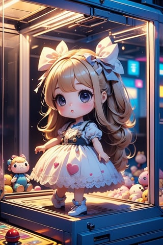 1girl, best quality, ultra-detailed, (((masterpiece))), (((best quality))), extremely detailed, ((claw machine)), ((claw is clamping a doll box up)), hand on bottom panel, control joystick and press button with hand, cleavage, big tits, ribbon, beige lace overalls, black updo longhair, shy, blush, petite figure proportion, claw machine, Glittering, cute and adorable, (perfect lighting, perfect shadow), wide shot, dreamlike scenery, Realism, blending colors,vibrant hues, amazing photo, wearing dress pretty ruffle, cute shoe, hug pillow heart, holding cute doll, Chibi ,UFOCatcher,,