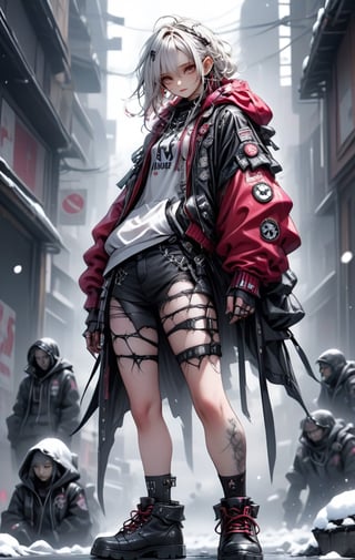 A punk rock version of Snow White, dressed in a rebellious fusion of avant-garde fashions.
(standing: 1.2), red cape with hood and ripped mesh details, adorned with punk-inspired patches and brooches. Septum earrings, more calls, tattered dreadlocks, more patches, dirty, torn, anti-union spiked leather jackets, hardcore punk style jackets, punk badges, combat boots tied to legs, Rebellin, Dal, Emo orange, ct- niji2,dal