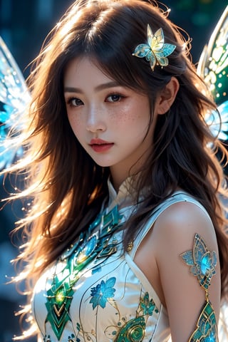 masterpiece,best quality,ultra-detailed,High detailed,picture-perfect face, freckles,blush,(celtic maiden),((wearing white godess dress trimmed with celtic symbols)),“Fatal Frame II: Crimson Butterfly”l