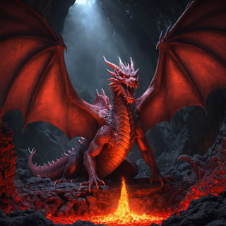 generate a digital painting of a huge red dragon, in a lava filled cavern with treasure heaped all around. the dragon has half spread it's wings in readiness to take flight. sinister and menacing atmosphere. HDR, 8k UHD, ultra high res,masterpiece, best quality, trending on artstation