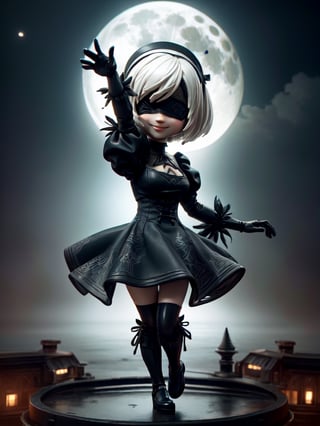 Masterpiece, highest quality, high resolution, PVC, rendering, chibi, high resolution, solo girl, 2B, NieR:Automata, gothic dress, silver hair, bob hair, smile, selfish, chibi, smile, grin, self-righteousness, overall body, chibi, 3D Figure, Full Moon Background, Toy, Doll, Character Print, Front View, Natural Light, ((Real)) Quality: 1.2)), Dynamic Pose, Cinematic Lighting, Perfect Composition,
