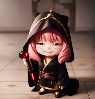 Masterpiece, Best Quality, High Resolution, PVC, Rendering, Chibi, High Resolution, Single Girl, Anya Forger, Pink Hair, Bob Hair, Sith Outfit, Cloak, Robe, Black Gloves, Belt, Hood Down , red lightsaber, lightsaber in hand , gray eyes, smile, selfish target, chibi, Star Wars World, Shin Hati, smile, smile, self-righteousness, full body, chibi, 3D figure, toy, doll, character print, front view, natural light, ((realistic)) quality: 1.2)), dynamic pose, medium movement, cinematic perfect lighting, perfect composition, costume, sith outfit, anya_forger_spyxfamily,sthoutfit