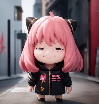 masterpiece, top quality, high resolution, PVC, render, chibi, high resolution, single woman, Anya Forger, pink hair, bob hair, Realistic hood, ppcp, graffiti background, grey eyes, smiling, selfish target, chibi, prohibition era city, smiling, grinning, self-satisfied, full body, chibi, 3D figure, toy, doll, character print, front view, natural light, ((realistic)) 1.2)), dynamic pose, medium movement, perfect cinematic perfect lighting, perfect composition, Anya Forger Spy x Family, , ppcp