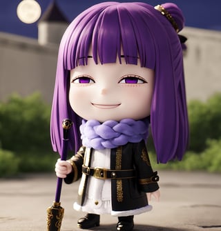 Masterpiece, highest quality, high resolution, PVC, rendering, chibi, high resolution, solo girl, fern, long hair, bangs, (purple eyes: 1.1), purple hair, side locks, blunt bangs, (bright eyes: 1.5), half up style, skirt, long sleeves, jacket, belt, scarf, coat, fur trim, black belt, holding a magic wand in hand, smiling, selfish target, chibi, full moon night, full moon in the background, night Castle, Smile, Smile, Self-righteousness, Full Body, Chibi, 3D Figure, Toy, Doll, Character Print, Front View, Natural Light, ((Real)) 1.2)), Dynamic Pose, Medium Movement, Perfect Movie-like Beautiful lighting, perfect composition, ferns, free leaves: beyond the end of the journey