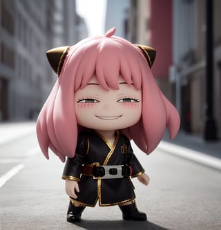 masterpiece, best quality, high resolution, PVC, render, chibi, high resolution, single woman, Anya Forger, pink hair, bob hair, JediOutfit, robe, belt, boots, holding lightsaber, grey eyes, smiling, selfish target, chibi, prohibition era street, smiling, grinning, self-satisfied, full body, chibi, 3D figure, toy, doll, character print, front view, natural light, ((realistic)) 1.2)), dynamic pose, medium movement, perfect cinematic perfect lighting, perfect composition, Anya Forger spy x family, JediOutfit
