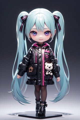 masterpiece, (realism: 1.2), ((1 person female)), Hatsune Miku, petite girl, full body, chibi, 3D figure girl, green hair, twin tails, beautiful girl with great detail, beautiful and delicate eyes, detailed face, beautiful eyes, xuer luxury brand fashion, evil smile, Gucci costume, backpack,chain,bag,sticker,, long sleeves, pantyhose, black ribbon, puffy sleeves, hood,gloves,jewelry,purple eyes,bandaid on nose, full body, black gloves,earrings,mouth hold,long sleeves,multicolored black gloves,earrings,mouth hold,long sleeves,multicolored hair,heart,jacket,ear piercing,hood, dynamic pose, stuffed animal,teddy bear,piercing, natural light, ((realistic) quality: 1.2), dynamic distance shot, cinematic lighting, perfect composition, super detail, official art, masterpiece, (best) quality: 1.3), reflection, high resolution CG Unity 8K wallpaper, Colorful background,splash of colormasterpiece, (realism: 1.2), random angle, side angle, chibi, full body, mikudef, lenticular flare, xuer luxury brand fashion