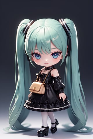 masterpiece, (realism: 1.2), ((1 person female)), Hatsune Miku, petite girl, full body, chibi, 3D figure girl, green hair, twin tails, beautiful girl with great detail, beautiful and delicate eyes, detailed face, beautiful eyes, xuer luxury brand fashion, evil smile, Chanel costume, heart, hair accessory, shoulder bag, dress, long sleeves, pantyhose, black ribbon, puffy sleeves, black footwear, mouth closed, red eyes, handbag, black dress, full body, white dress, shoes, platform shoes, standing, puffy long sleeves, blushing, holding, dynamic pose, gothic architecture, natural light, ((realistic) quality: 1.2), dynamic distance shot, cinematic lighting, perfect composition, super detail, official art, masterpiece, (best) quality: 1.3), reflection, high resolution CG Unity 8K wallpaper, detailed background, masterpiece, (realism: 1.2), random angle, side angle, chibi, full body, mikudef, lenticular flare, xuer luxury brand fashion