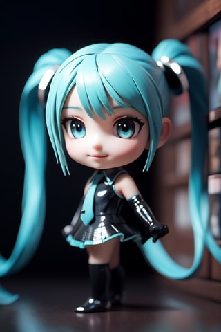 ((1 person)), Hatsune Miku, petite girl, full body, chibi, 3D figure girl, green hair, twin tails, beautiful girl with great detail, beautiful and delicate eyes, detailed face, beautiful eyes, black Spider Man costum,, wicked smile, dynamic beautiful pose, dynamic pose, gothic architecture, natural light, ((realistic)) quality: 1.2), dynamic distance shot, cinematic lighting, perfect composition, super detail, official art, masterpiece, (best) quality: 1.3), reflection, high resolution CG Unity 8K wallpaper, detailed background, masterpiece, (photorealistic) : 1.2), random angle, side angle, chibi, full body, mikdef, hogrobe