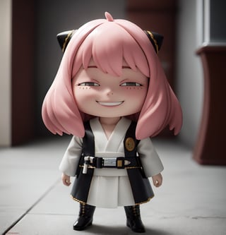masterpiece, best quality, high resolution, PVC, render, chibi, high resolution, single woman, Anya Forger, pink hair, bob hair, JediOutfit, robe, belt, boots, holding lightsaber, grey eyes, smiling, selfish target, chibi, prohibition era street, smiling, grinning, self-satisfied, full body, chibi, 3D figure, toy, doll, character print, front view, natural light, ((realistic)) 1.2)), dynamic pose, medium movement, perfect cinematic perfect lighting, perfect composition, Anya Forger spy x family, JediOutfit
