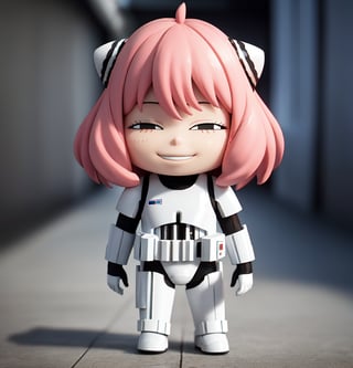 masterpiece, top quality, high resolution, PVC, render, chibi, high resolution, single woman, Anya Forger, pink hair, bob hair, StormTrooper, armor, grey eyes, smiling, selfish target, chibi, prohibition era streetscape, smiling, grinning, self-satisfied, full body, chibi, 3d figure, toy, doll, character print, front view, natural light, ((realistic)) 1.2)), dynamic pose, medium movement, perfect cinematic perfect lighting, perfect composition, Anya Forger spy x family, StormTrooper