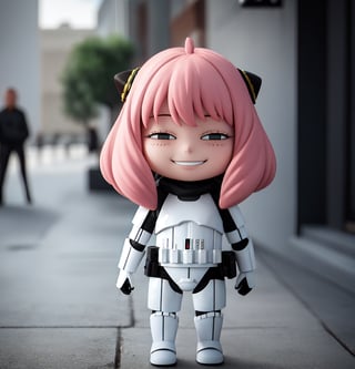 masterpiece, top quality, high resolution, PVC, render, chibi, high resolution, single woman, Anya Forger, pink hair, bob hair, StormTrooper, armor, grey eyes, smiling, selfish target, chibi, prohibition era streetscape, smiling, grinning, self-satisfied, full body, chibi, 3d figure, toy, doll, character print, front view, natural light, ((realistic)) 1.2)), dynamic pose, medium movement, perfect cinematic perfect lighting, perfect composition, Anya Forger spy x family, StormTrooper