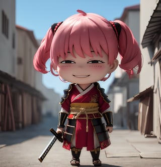 Masterpiece, Top Quality, High Resolution, PVC, Rendering, Chibi, High Resolution, One Girl, Anya Forger, Pink Hair, Bob Hair, Japanese Warring States Period Samurai, Wearing Traditional Samurai Armor, Holding a Sword Poised, Gray Eyes, Smile, Selfish Target, Chibi, Mediterranean Cityscape, Smile, Smile, Self-righteousness, Full Body, Chibi, 3D Figure, Toy, Doll, Character Print, Front View, Natural Light, ((Real)) 1.2)), dynamic pose, medium movement, perfect cinematic perfect lighting, perfect composition, anya_forger_spyxfamily, samurai