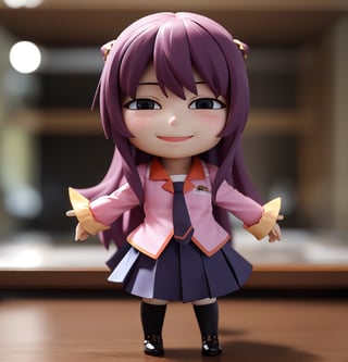 master piece, highest quality, high resolution, pvc, rendering, chibi, high resolution, solo girl, senjougahara hitagi, school uniform, long sleeves, sh1, senjougahara hitagi, long hair, long sleeves, necktie, school uniform, pleated skirt, juliet sleeves, black thighhighs, pink shirt, smile, selfish target, chibi, Mediterranean cityscape, smile, smile, self-justice, full body, chibi, 3D figure, toy, doll, character print, front view, natural light, ((Real )) 1.2)), dynamic pose, medium movement, perfect cinematic perfect lighting, perfect composition, sh1