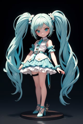 ((1 person)), Hatsune Miku, petite girl, full body, chibi, 3D figure girl, green hair, twin tails, beautiful girl with great detail, beautiful and delicate eyes, detailed face, beautiful eyes, arm strap,puffy short sleeves,belt,half gloves,buttons,jewelry,thigh strap,white skirt,black pantyhose, wicked smile, dynamic beautiful pose, dynamic pose, gothic architecture, natural light, ((realistic)) quality: 1.2), dynamic distance shot, cinematic lighting, perfect composition, super detail, official art, masterpiece, (best) quality: 1.3), reflection, high resolution CG Unity 8K wallpaper, detailed background, masterpiece, (photorealistic) : 1.2), random angle, side angle, chibi, full body, mikdef, ,NJI BEAUTY,DSORCERESS