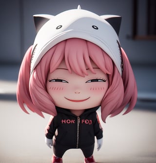 masterpiece, top quality, high resolution, PVC, render, chibi, high resolution, single woman, Anya Forger, pink hair, bob hair, Realistic SHARK hood, ppcp, graffiti background, grey eyes, smiling, selfish target, chibi, prohibition era city, smiling, grinning, self-satisfied, full body, chibi, 3D figure, toy, doll, character print, front view, natural light, ((realistic)) 1.2)), dynamic pose, medium movement, perfect cinematic perfect lighting, perfect composition, Anya Forger Spy x Family, , ppcp