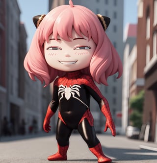 masterpiece, best quality, high resolution, PVC, render, chibi, high resolution, single woman, Anya Forger, pink hair, bob hair, spider_oc, Black and white spiderman suit, no mask, graffiti background, grey eyes, smiling, selfish target, chibi, prohibition era city, smiling, grinning, self-satisfied, full body, chibi, 3d figure, toy, doll, character print, front view, natural light, ((realistic)) 1.2)), dynamic pose, medium movement, perfect cinematic perfect lighting, perfect composition, Anya Forger Spy x Family, , spider_oc