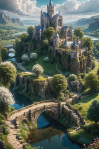 //quality, (masterpiece:1.4), (detailed), ((,best quality,)),//outdoors, sky, day, cloud, water, tree, no humans, scenery, bridge, river, elven circular castle, wild flowers, pathway,fantasy world,cliff, mountain, magical city,cathedral, tower, landscape, lake, white trees,aerial view 