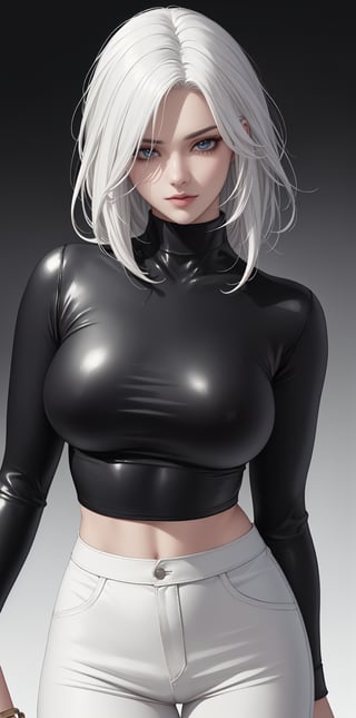 (masterpiece), best quality, expressive eyes, perfect face

ultra realistic shot of an extremely beautiful mature girl.(gradient background),she has medium white hair, icy look on her eyes. wearing a skintight turtleneck black shirt,leather pants, fullsleeve, tall_girl, ((front facing)), (medium boobs)

(slender body), depth of field, (cowboy shot)