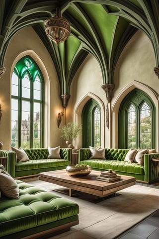//quality, (masterpiece:1.4), (detailed), ((,best quality,)),//design a modern + medieval fantasy style living room, architectural masterpiece, perfect blend of modernism and fantasy, Architecture Digest, green and cream color scheme, real photography shot, professional photography, 8k, HDR, Canon EOS, intricately detailed, best quality