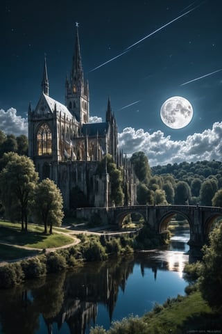 //quality, (masterpiece:1.4), (detailed), ((,best quality,)),//outdoors, sky, day, cloud, water, tree, no humans, scenery, bridge, river, gothic castle, cathedral, tower, landscape, lake, night, full moon, shooting stars, white trees,aerial view 