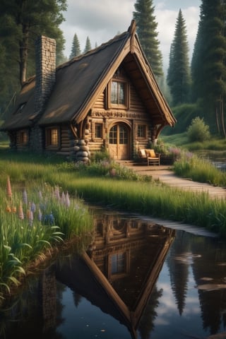 //quality, (masterpiece:1.4), (detailed), ((,best quality,)),//a cozy log cabin, medieval fantasy vibe, wild flowers, tall grass, pathway, canoe, river, overcast weather, tress, snowing, , sequia forest, mud, puddle reflection, (snowfall outside), built over a cliff, hobbit house