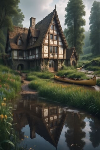 //quality, (masterpiece:1.4), (detailed), ((,best quality,)),//a cozy mansion, medieval fantasy vibe, wild flowers, tall grass, pathway, canoe, river, overcast weather, tress, heavy snowfall, sequia forest, mud, puddle reflection, built on a cliff