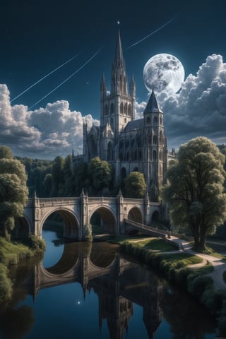 //quality, (masterpiece:1.4), (detailed), ((,best quality,)),//outdoors, sky, day, cloud, water, tree, no humans, scenery, bridge, river, gothic castle, cathedral, tower, landscape, lake, night, full moon, shooting stars, white trees,aerial view 