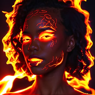 A facial closeup of a beautiful 20 year old black woman in deep shadow, with lips made of fire, and a neon glow coming from inside of her skin, neonstyle,aesthetic portrait