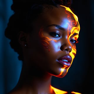 A facial closeup of a beautiful 20 year old black woman in deep shadow, with lips that look like fire, neonstyle