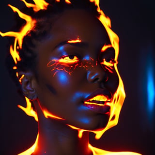 A facial closeup of a beautiful 20 year old black woman in deep shadow, with lips made of fire, and a neon glow coming from inside of her skin, neonstyle