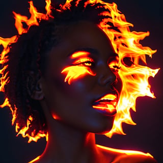 A facial closeup of a beautiful 20 year old black woman in deep shadow, with lips made of fire, and a neon glow coming from inside of her skin, neonstyle,aesthetic portrait