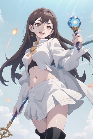 nier anime style illustration, best quality, masterpiece High resolution, good detail, bright colors, HDR, 4K. Dolby vision high.

Witch with long straight brown hair, brown eyes, freckles, white earrings

Elegant white crop top fantasy style

white cape 

medium breasts 

Showing navel, exposed navel 

Short white fantasy style skirt 

British style white boots 

clear blue sky

white magic staff 

 magic explosion background 

Flirty smile (yandere smile). Happy, excited. Open mouth 

Fantasy world

Showing fangs, exposed fangs